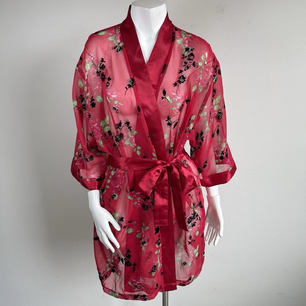 Secret Treasures Red Sheer Floral Robe Wrap Kimono L Velvet Roses Whimsigoth